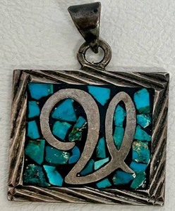 Sterling Silver Turquoise Script Initial Pendant 1 Inch Square