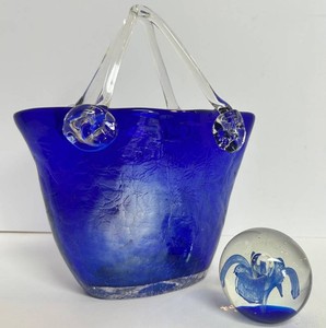 Blue Art Glass Basket & Paperweight Set