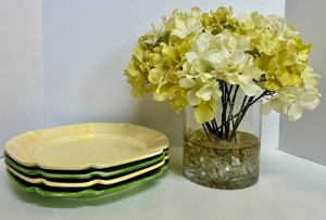 Pinchware 12 Plates Set of 4 and Faux Hydrangea set in Glass Vase
