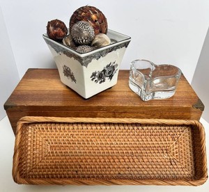 Wooden Box Mixed Lot With Wicker Basket, Ceramic Planter & Glass Dish 19 X 8 X 6 in