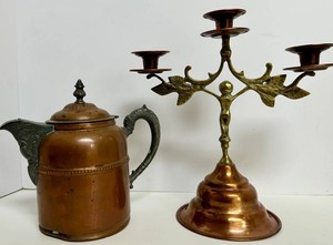 Vintage Copper & Brass PItcher and Art Nouveau Candelabra Mixed Lot