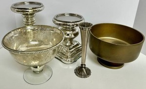 Mercury Glass Candle Holders, Pedestal Bowl and Vase (Lot of 5)
