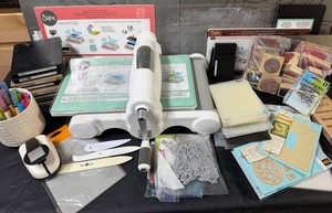 Assorted Scrapbook Supplies including Sizzix Big Shot Plus Die Cutting Machine & Supplies in Blue Tote