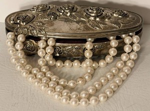 Godinger Silver Art Jewelry Casket With Costume Faux Pearl Necklace
