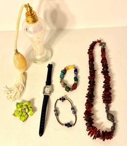 Mixed Jewelry Lot With Necklace, Watch, Brooch & Perfume Bottle