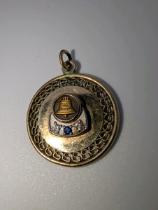 Vintage Bell System service charm, 12k gf White and Yellow Gold, Diamond and Sapphire Accents