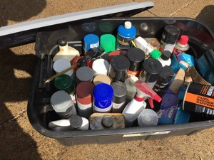 Tote with Spray Paint - Propane - Auto Fluids - Most Full-ish