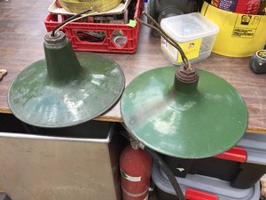 (2) Vintage GreenWhite Porcelain Light Fixtures