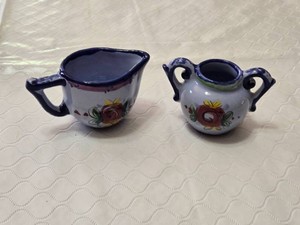 Hand-painted Ceramic Creamer and Sugar Bowl - With Floral Designs - Italy