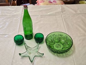 Green Glassware Set with S. Pellegrino Bottle and Starfish Dish