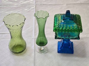 Green and Blue Glass Vases and Covered Dish