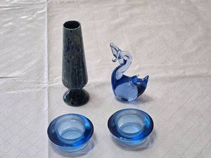 Ceramic Vase, Blue Glass Swan, and Pair of Blue Glass Candle Holders