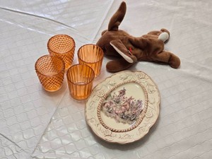 Cracker Barrel Easter Treasures Plate, Amber Glasses, and Ty Plush Rabbit