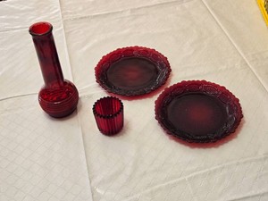 Ruby Red Glass Dishware including Decorative Plates, Votive Candle Holder, and Vase