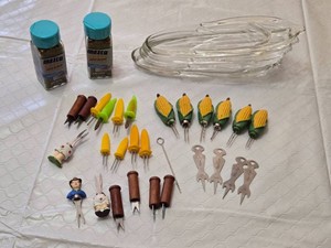 Assorted Corn on the Cob Holders, Glass Corn Dishes, and Spice Jars
