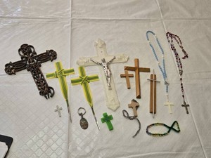 Lot of Religious Items including Crosses, Rosaries, and Keychain