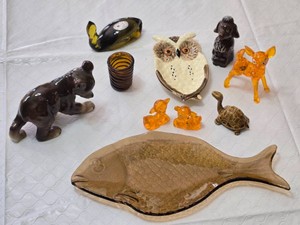 Lot of Decorative Animal Figurines from Japan and Germany, Including Owl Dish and Glass Deer