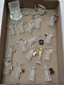 Set of Glass Angel Figurines with Decorative Embellishments Including Teddy Bear, Pinecone, and Gold Leaf Accents