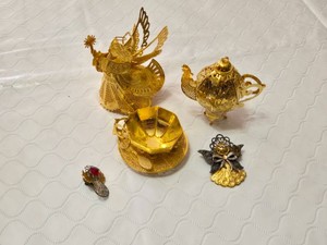 Gold and Silver Decorative Figurines and Jewelry Set including Angel Figurine, Peacock Teapot, and Brooch