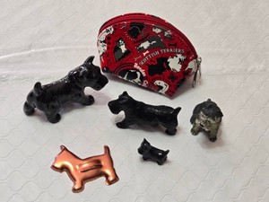 Small Scottish Terrier Figurines and Purse Set including Ceramic and Metal Dogs