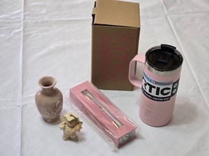Pink RTIC 16 oz Travel Coffee Cup, Decorative Vase and Figurine, and Writing Pen Gift Box