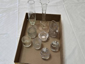 Set of Crystal Glassware Including Vases, Candle Holders, and Decorative Eggs