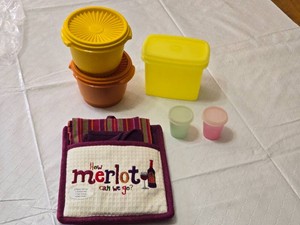 Tupperware Bowls, Storage Containers, and Wine-themed Dishtowel Set