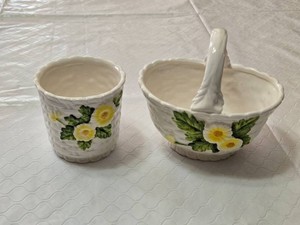 Lefton Hand-Painted Ceramic Basket and Planter Set 5007 & 5841