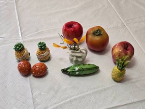 Ceramic Fruit and Kitchen Decor Lot including Aloha Pineapple Figurines, Tomato, Apple, and Pineapple Salt and Pepper Shakers