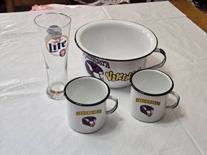 Minnesota Vikings Enamel Cup and Bowl Set with Miller Lite Glass