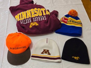 Minnesota Golden Gophers Hoodie and Hat Lot including Les Schwab Pom Beanie, Winchester Cap, and Mustang Logo Beanie