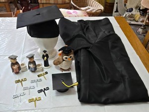 Graduation-themed Lot with Cap, Gown, and Figurines including Owl and Grad Toppers