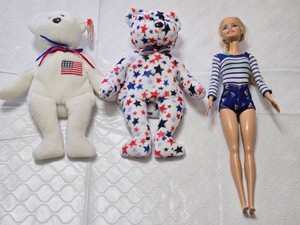 Ty Beanie Babies and Barbie Doll including Patriotic and Star Print Bears with Striped Outfit Doll