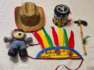 Vintage Western and Native American-Themed Costume Accessories and Toy Drum, Teddy Bear Included