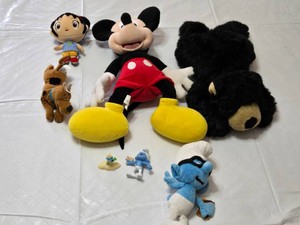 Set of Stuffed Toys Including Mickey Mouse and Smurf Plushes and Figurines