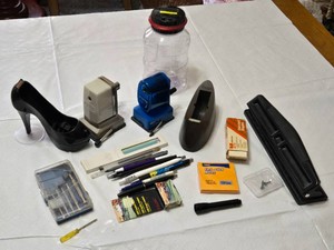 Office supplies including Bostitch Air Pencil Sharpener, Scotch Tape Dispenser, and More