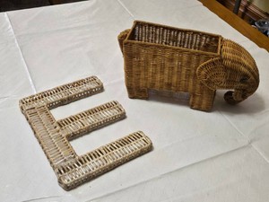 Wicker Elephant Shaped Plant Basket and Letter E Decor