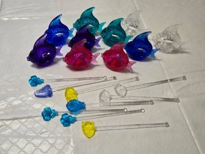 Glass Fish Napkin Holders and Decorative Stirrers including Floral and Fish Designs