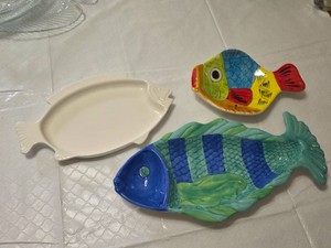 Ceramic and Glass Fish-Shaped Serving Platters, including Gibson and Seafood Baken Server