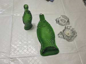 Green Glass Fish Shaped Bottle and Tray Set with Crystal Candle Holders