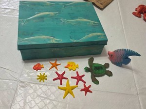 Aquatic Themed Decor Collection including Decorative Box, Fish Figurines, and Sea Life Shapes