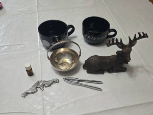 Ceramic Friends-Themed Mugs, Metal Bowl, Resin Deer Figurine, and More