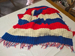 Patriotic Red, White, and Blue Crocheted Blanket with Fringe