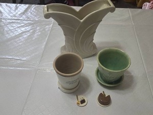 Abingdon USA Vase, Ceramic Mug, Green Flower Pot with Saucer, and Miniature Desserts - Cracks and Chips