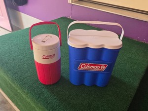 Coleman Blue Cooler and Red Jug