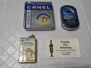 Camel Collectible Tins and Ashtray with Vintage Smoking Items - Thanks for Smoking, Your Local Undertaker Card