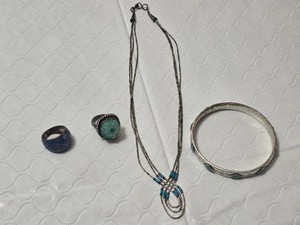 Necklace Marked Sterling with Turquoise, Bracelet, and Rings