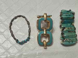 Metal and Turquoise Style Jewelry Lot, Including Beaded Bracelet, Gold-Tone Enamel Bracelet, and Shell Style Bracelet