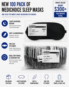 MSRP $300 NEW 100 PACK OF MEDICHOICE SLEEP MASKS, ONE SIZE FITS MOST LIGHT-BLOCKING EYE MASKS FOR TRAVEL, HOSPITAL PATIENT CARE, REST & SLEEP SUPPORT, INDIVIDUALLY PACKAGED