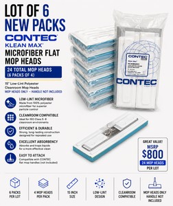 MSRP $800 LOT OF 6 NEW PACKS OF CONTEC KLEAN MAX HCKM3003 LOW-LINT POLYESTER MICROFIBER FLAT MOP HEADS (24 TOTAL MOP HEADS), 15 CLEANROOM MOPS FOR PHARMACEUTICAL, LAB & CRITICAL ENVIRONMENT CLEANING HEADS ONLY